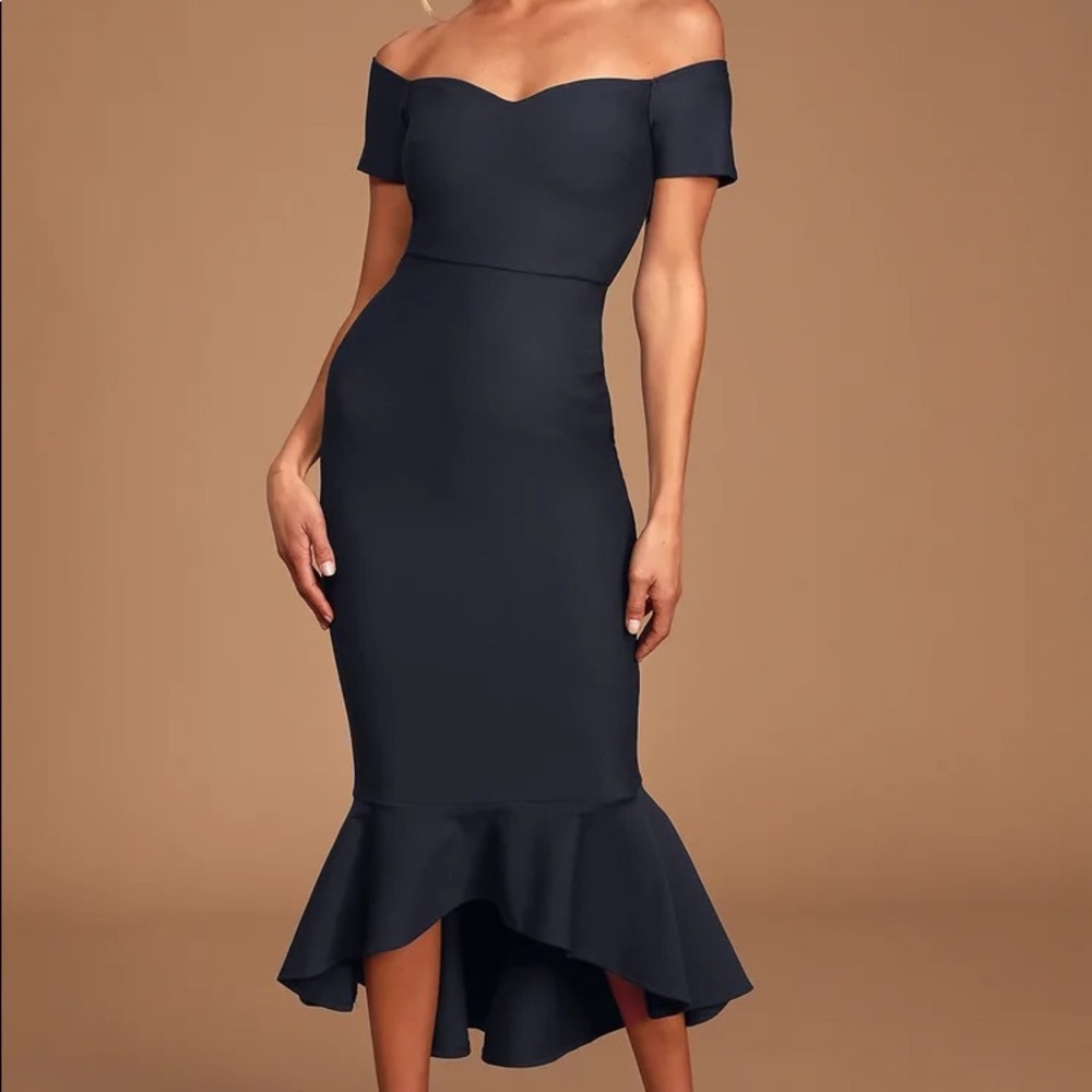 Navy Blue Off the Shoulder Midi Dress